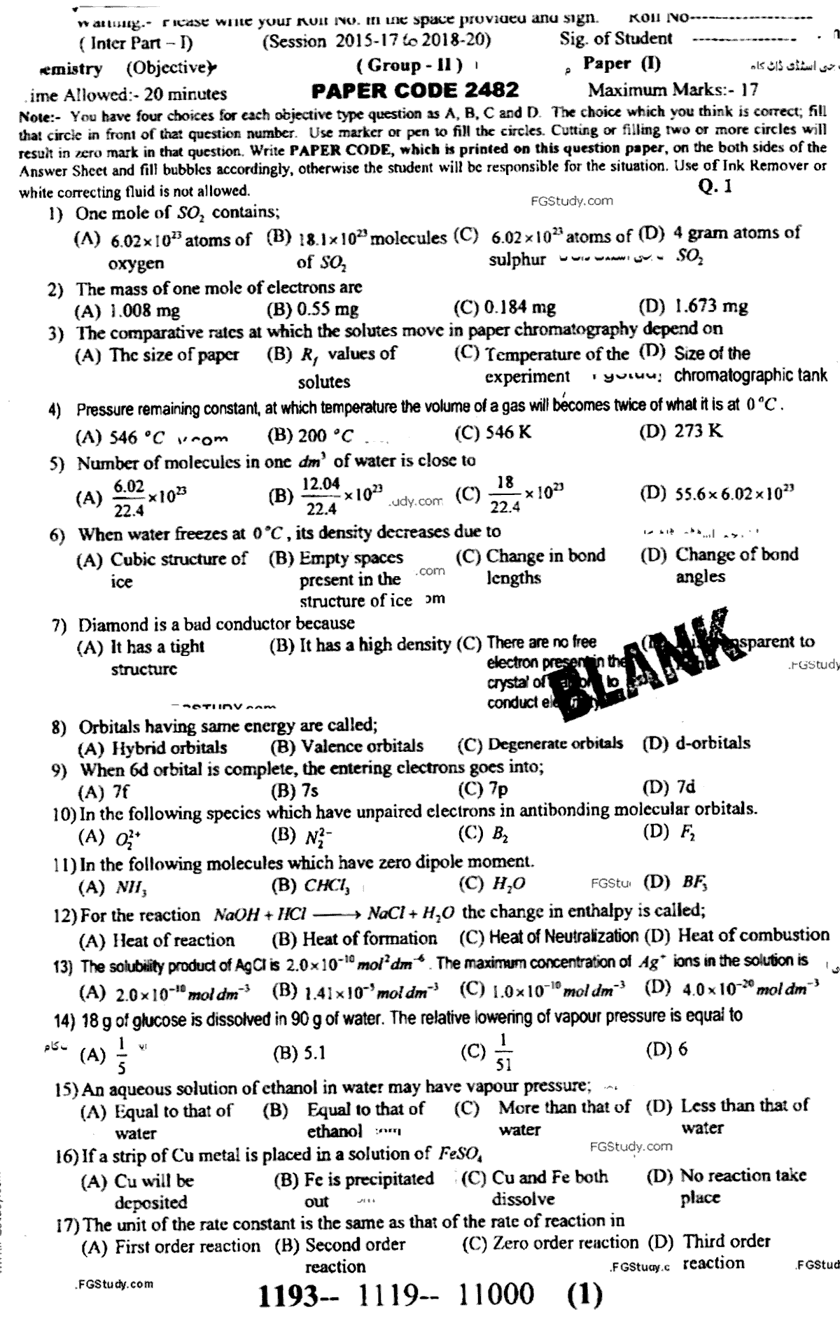 11th Class Chemistry Past Paper 2019 Group 2 Objective Sargodha Board